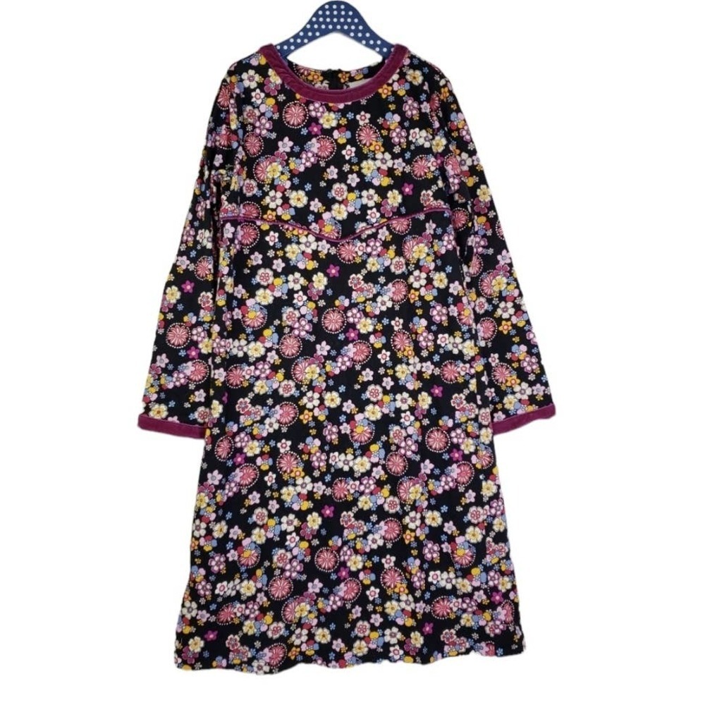 Hanna Andersson Floral Long Sleeve Dress‎ Girls 150 12 Black Flower Velvet Trim